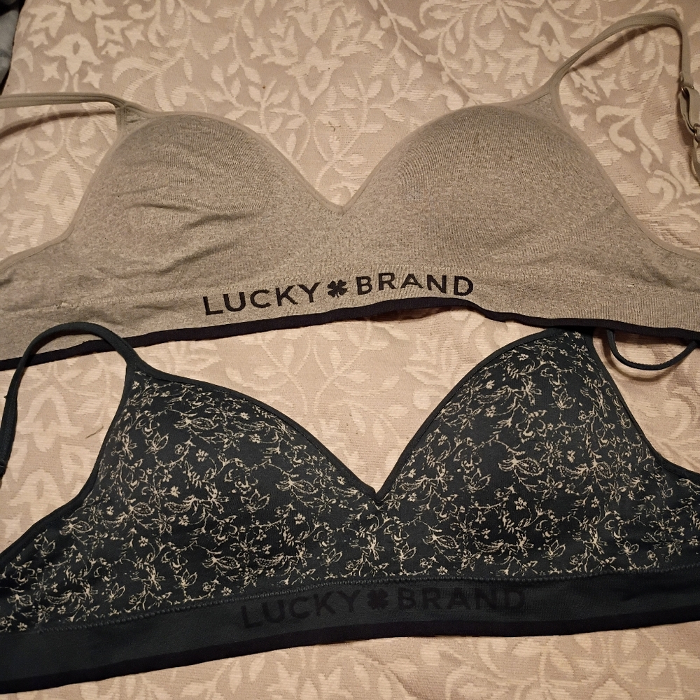 Lucky Brand Two-Pack Wireless Bralettes in Gray and Navy Floral